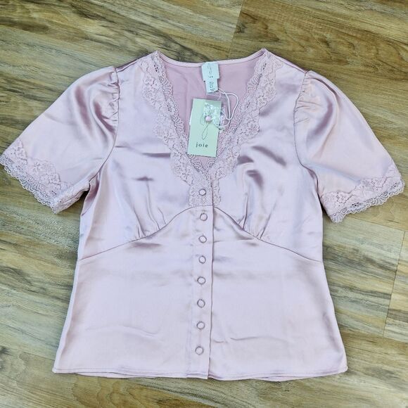 🔸️NWT Anthropologie Joie Blush Pink Lacy Buttoned Vneck Top Small